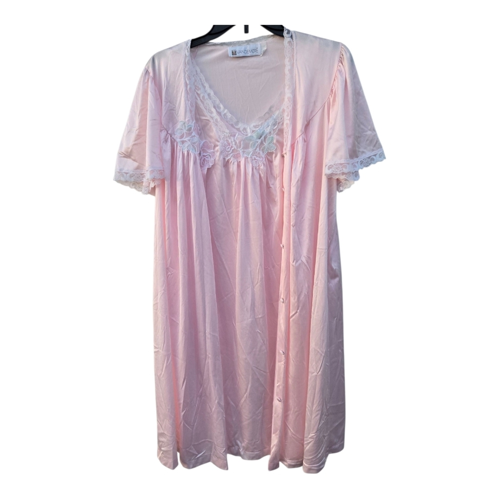 Vintage Vandemere Pink Night Gown Lace Trim Medium Robe Set Made In USA Feminine